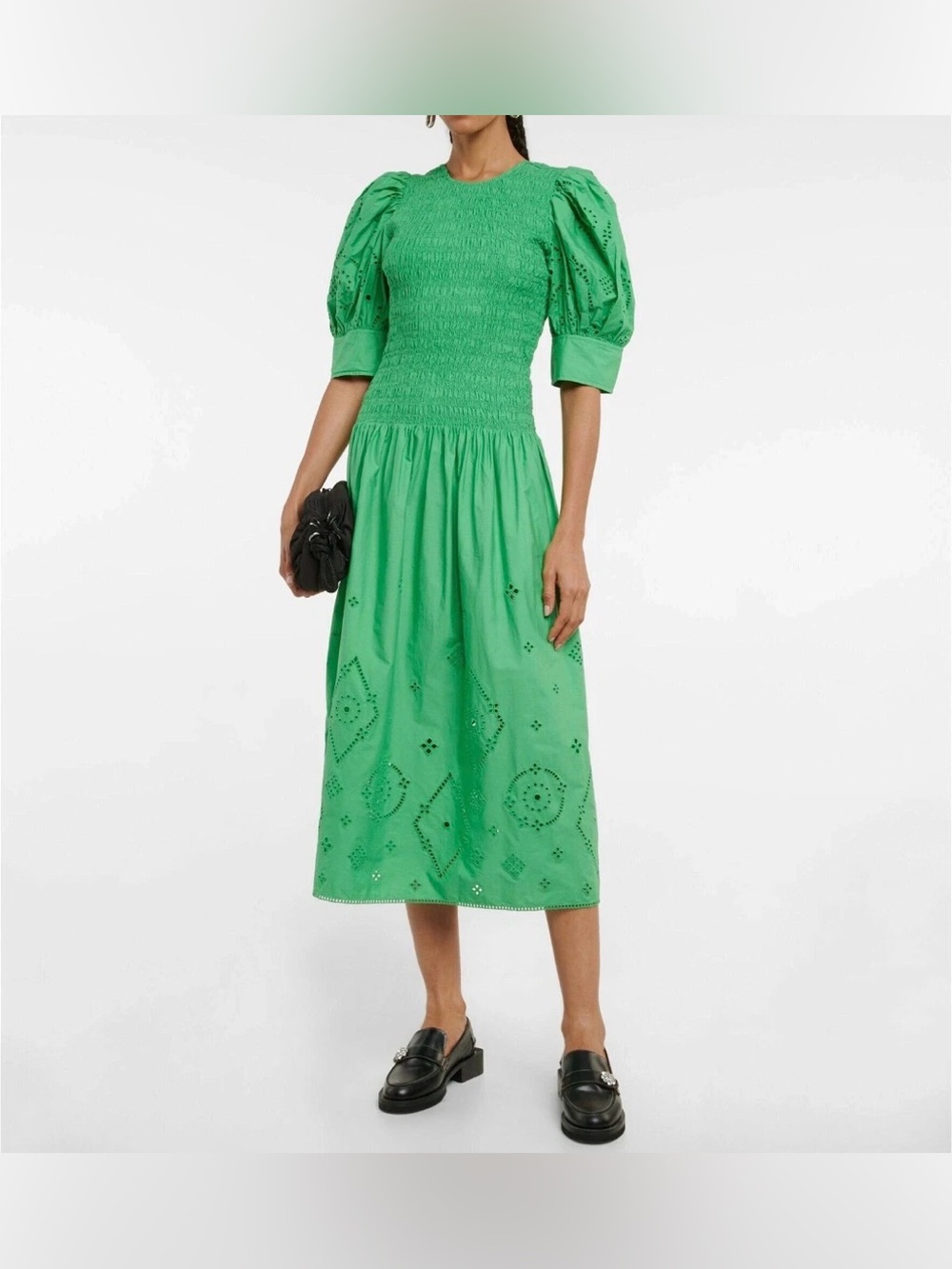 NWOT GANNI Broderie Anglaise Eyelet Cotton Midi Dress Green Size 42 (US L) $395
